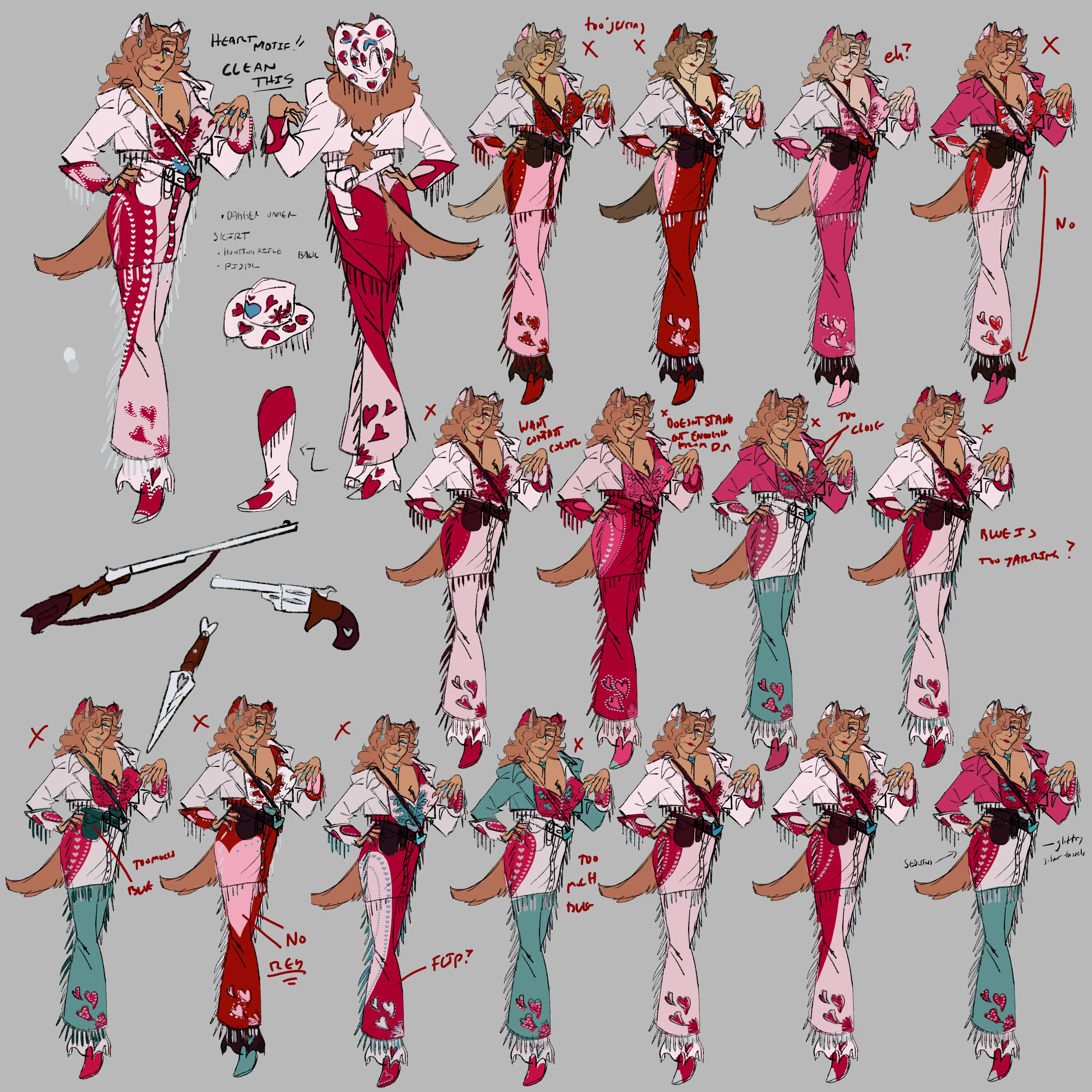 Color concepts for Jolene, a bounty hunter-cowgirl-country singer.